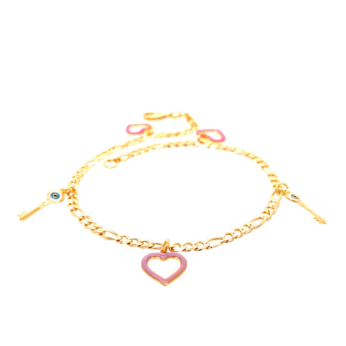Explore the Evil Eye Keys and Hearts Charms Bracelet featuring a 14k gold-filled figaro link chain. It is embellished with a pink heart charm and two key charms, one adorned with a blue eye design for spiritual protection. The bracelet comes with an adjustable clasp to ensure the perfect fit.